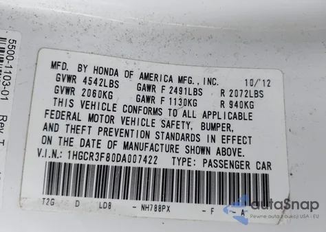 2013 Honda Accord Ex-L V-6 from USA, damaged, VIN 1HGCR3F80DA007422